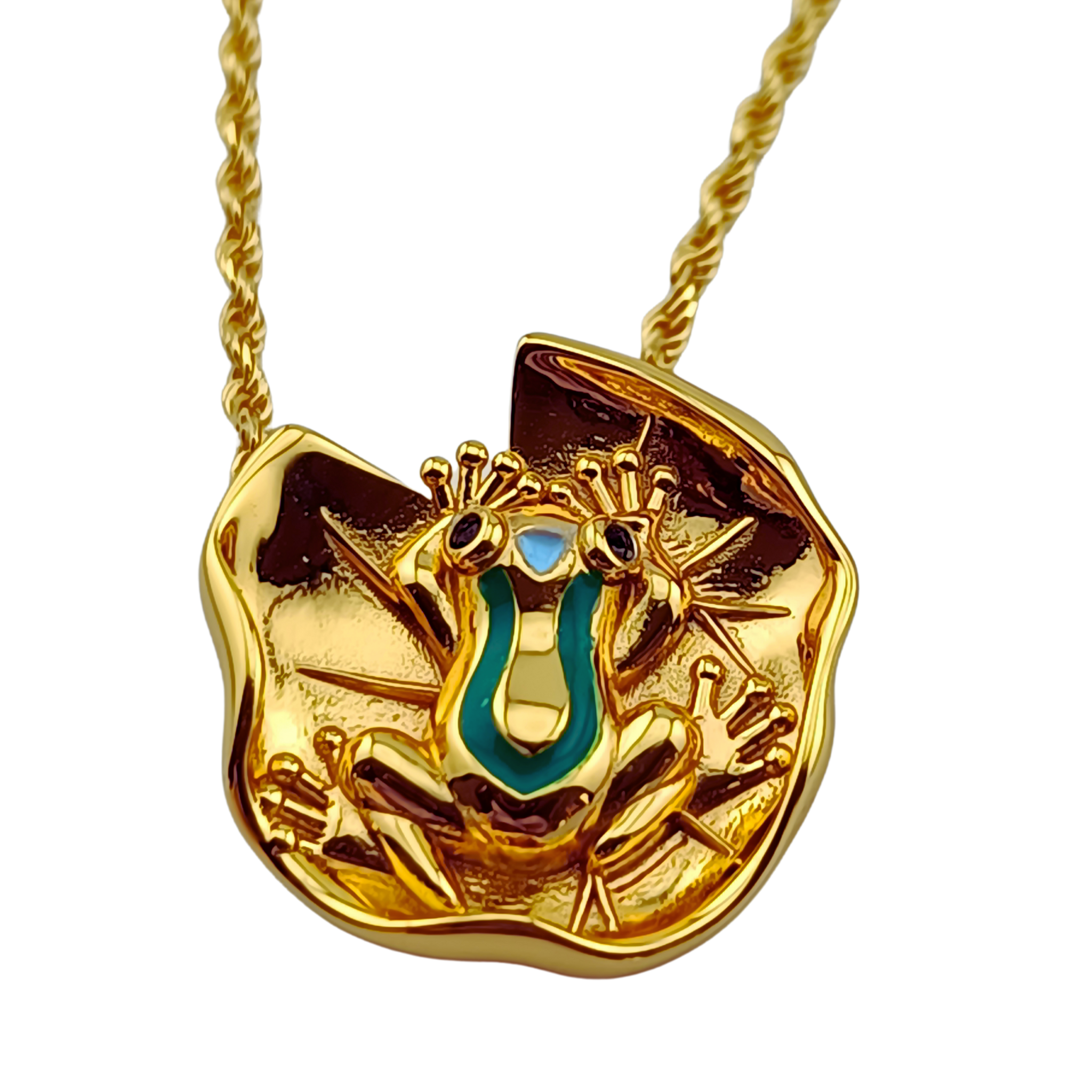 Lily Pad Frog Necklace in 18K Gold or Platinum on Sterling Silver – Enamel and Black Spinel Pendant by Lehnardt Design