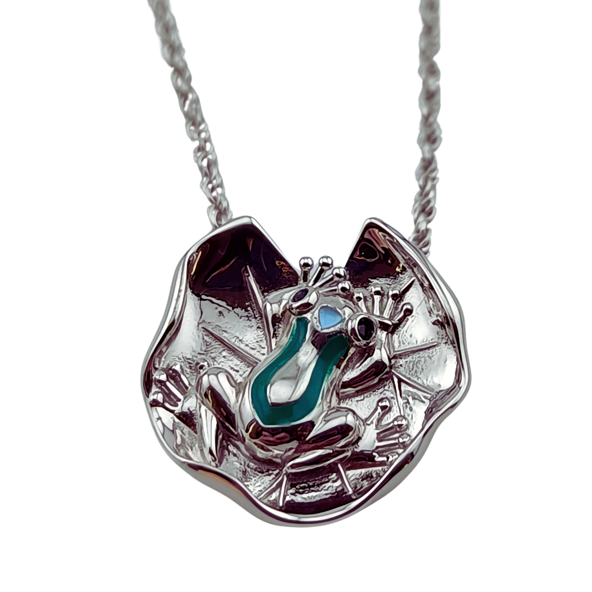 Lily Pad Frog Necklace in 18K Gold or Platinum on Sterling Silver – Enamel and Black Spinel Pendant by Lehnardt Design