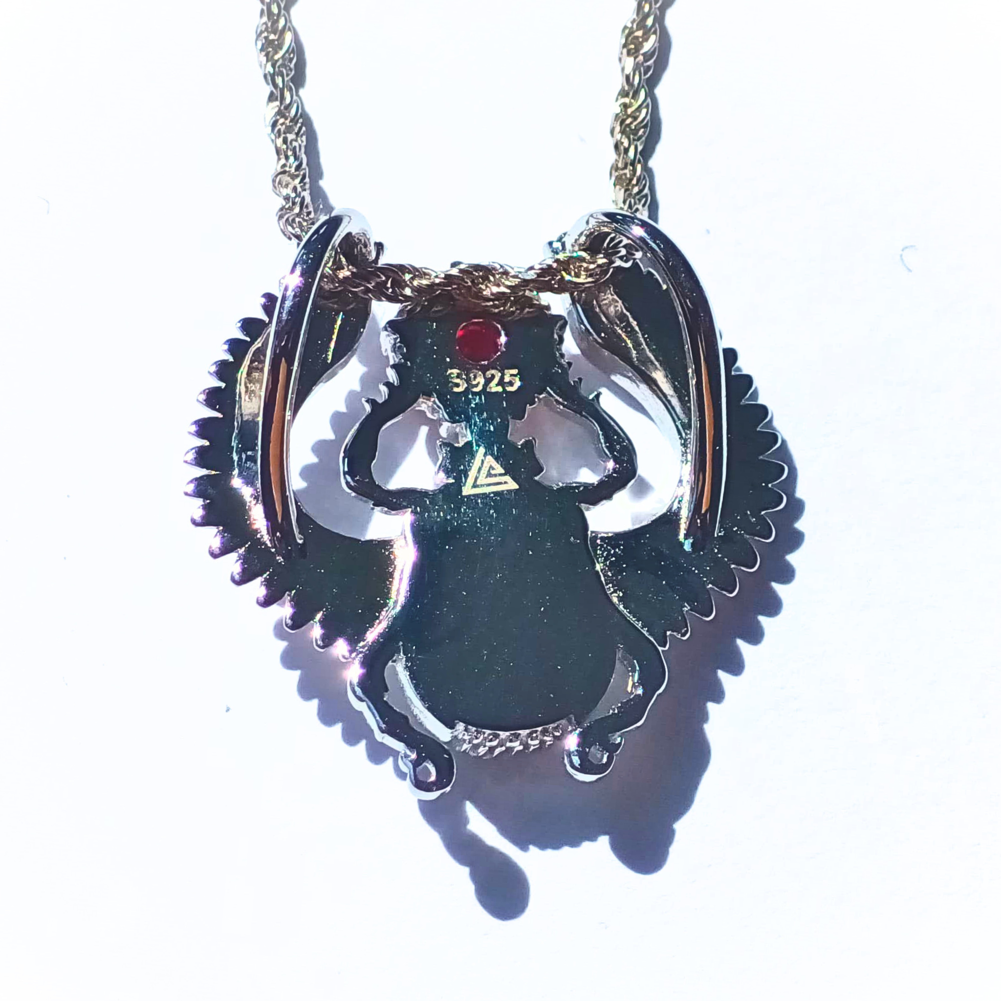 Solar Ascension – Winged Scarab Pendant with Red Gem in Platinum-Finished or Vermeil Gold on Sterling Silver