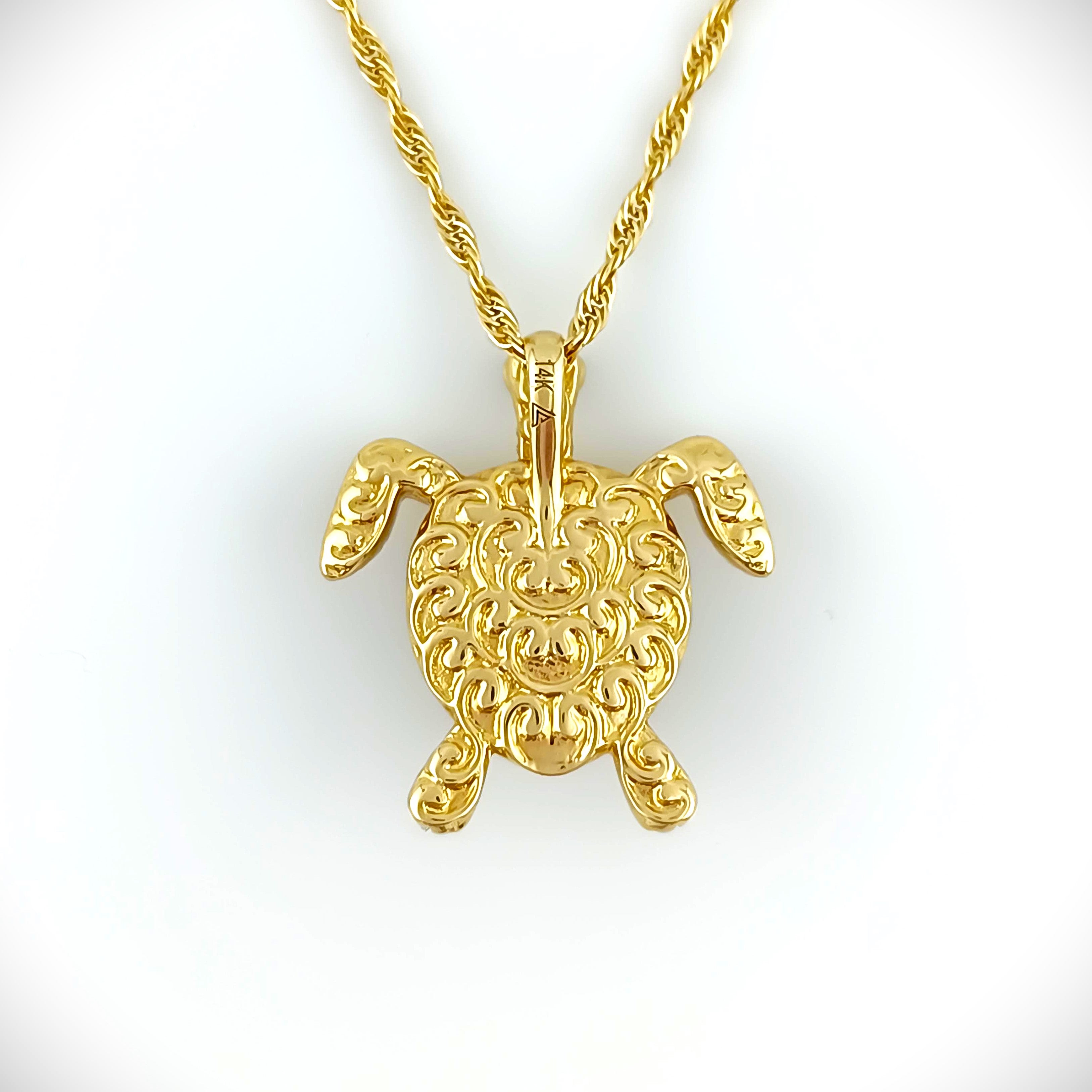 Sacred Voyager – Turtle Pendant with Black Opal in Solid 14K Gold