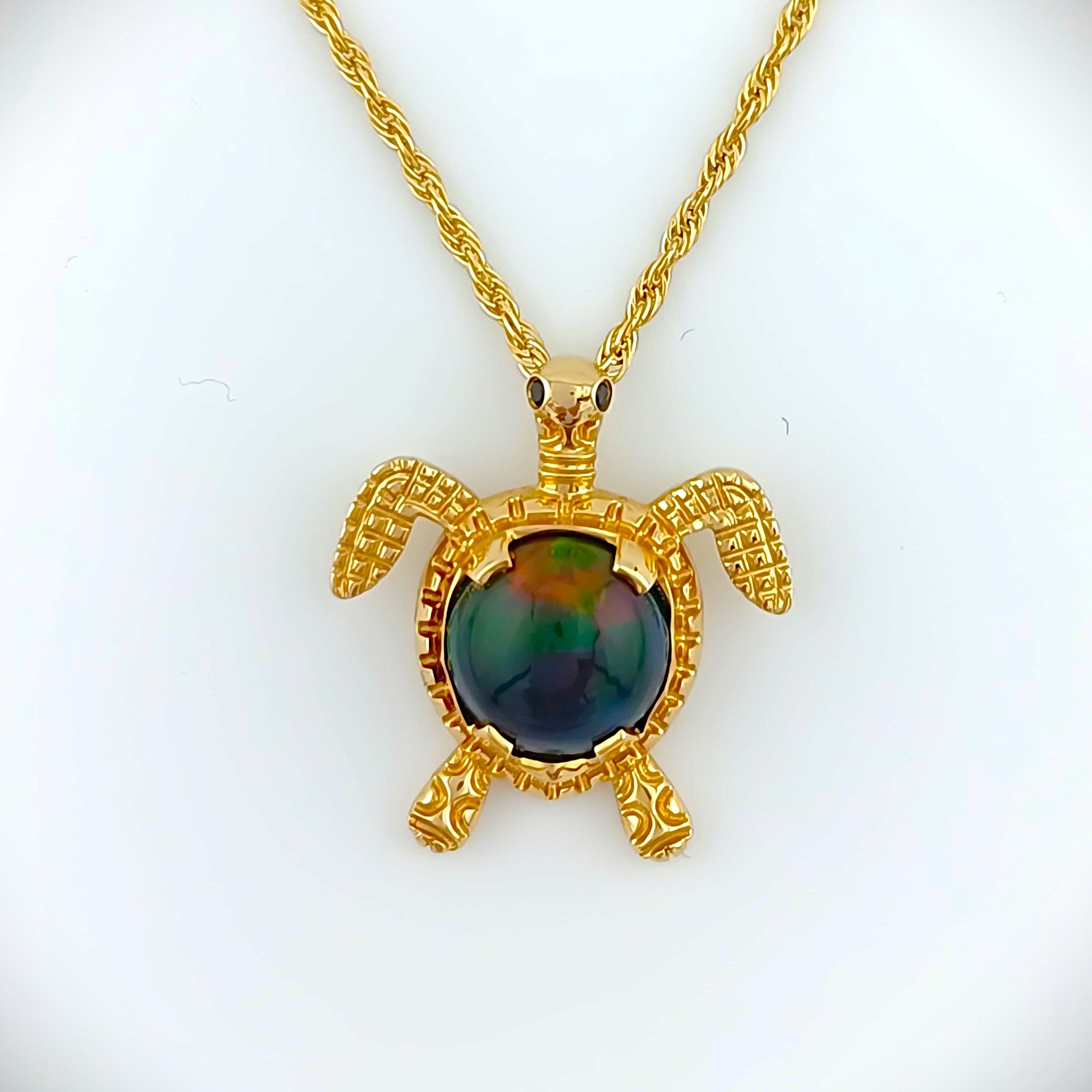Sacred Voyager – Turtle Pendant with Black Opal in Solid 14K Gold