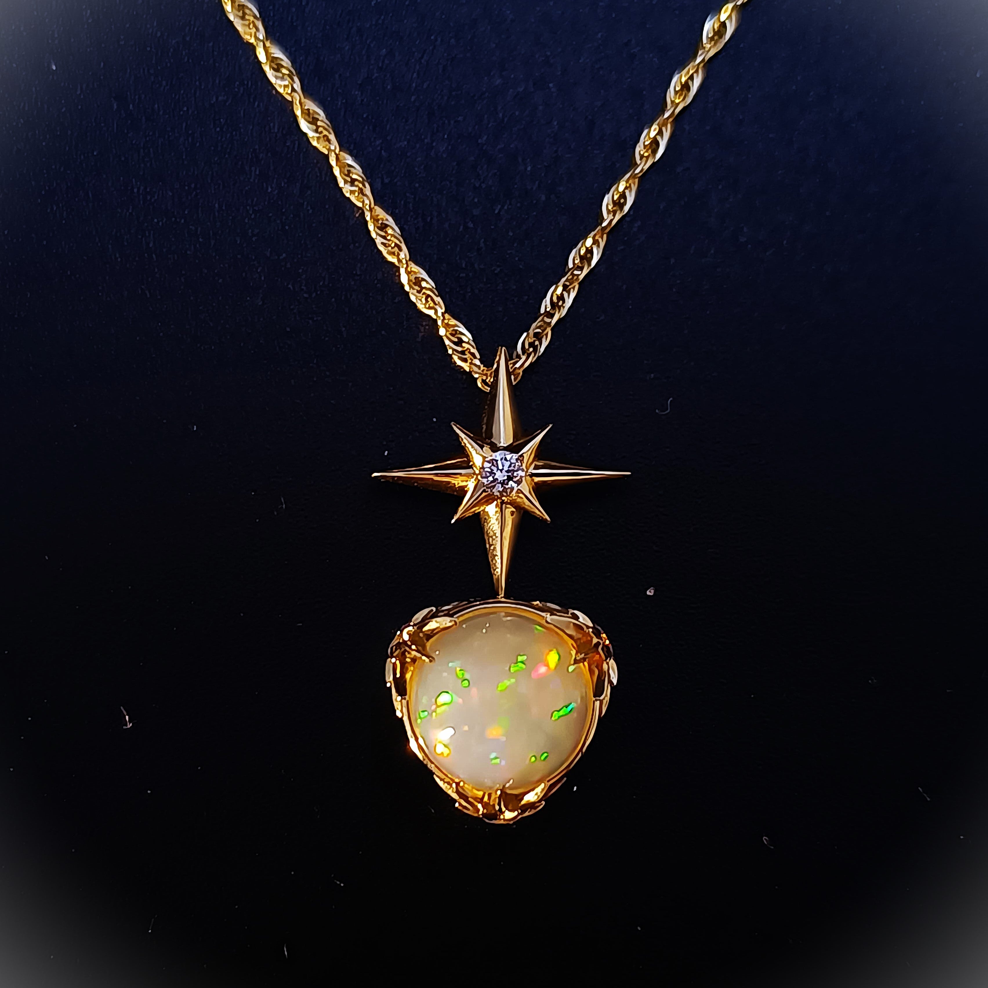 Aurora Starfire – White Fire Opal & Diamond Pendant in Solid 14K Gold