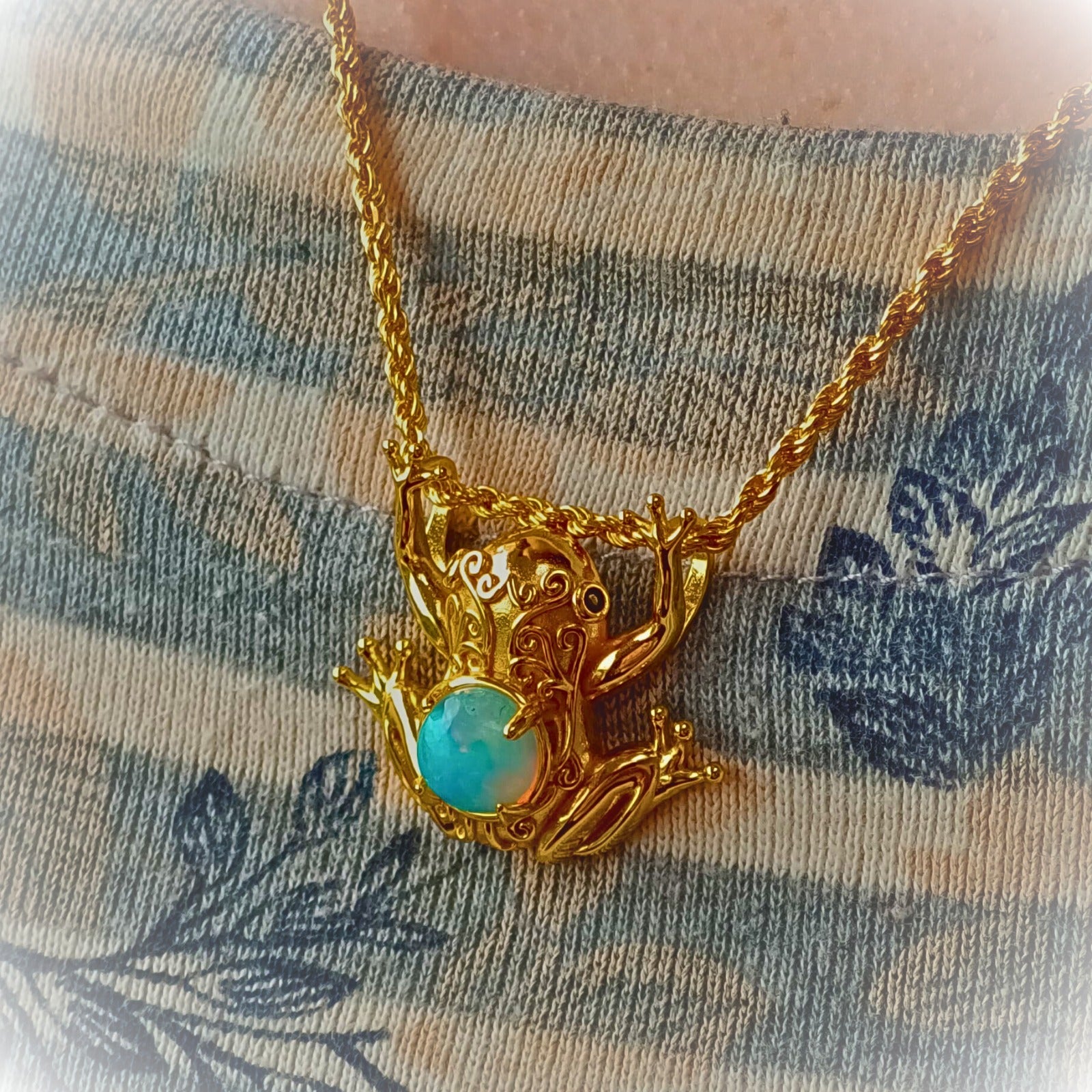 Celtic Tree Frog – Opal Pendant in Vermeil Gold or Platinum-Finished Silver