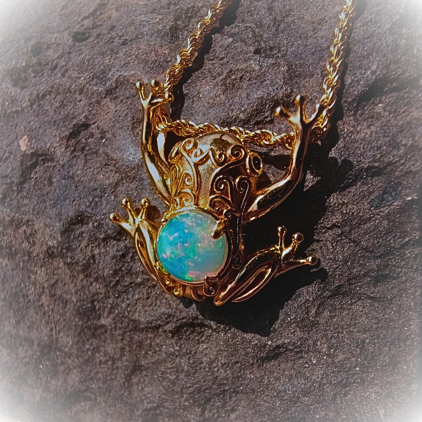 Celtic Tree Frog – Opal Pendant in Vermeil Gold or Platinum-Finished Silver