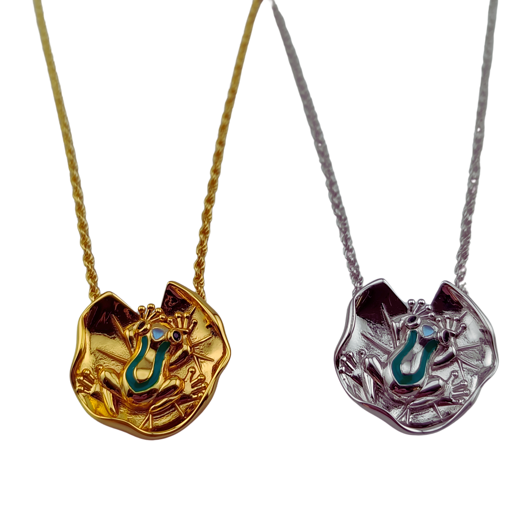 Lily Pad Frog Necklace in 18K Gold or Platinum on Sterling Silver – Enamel and Black Spinel Pendant by Lehnardt Design
