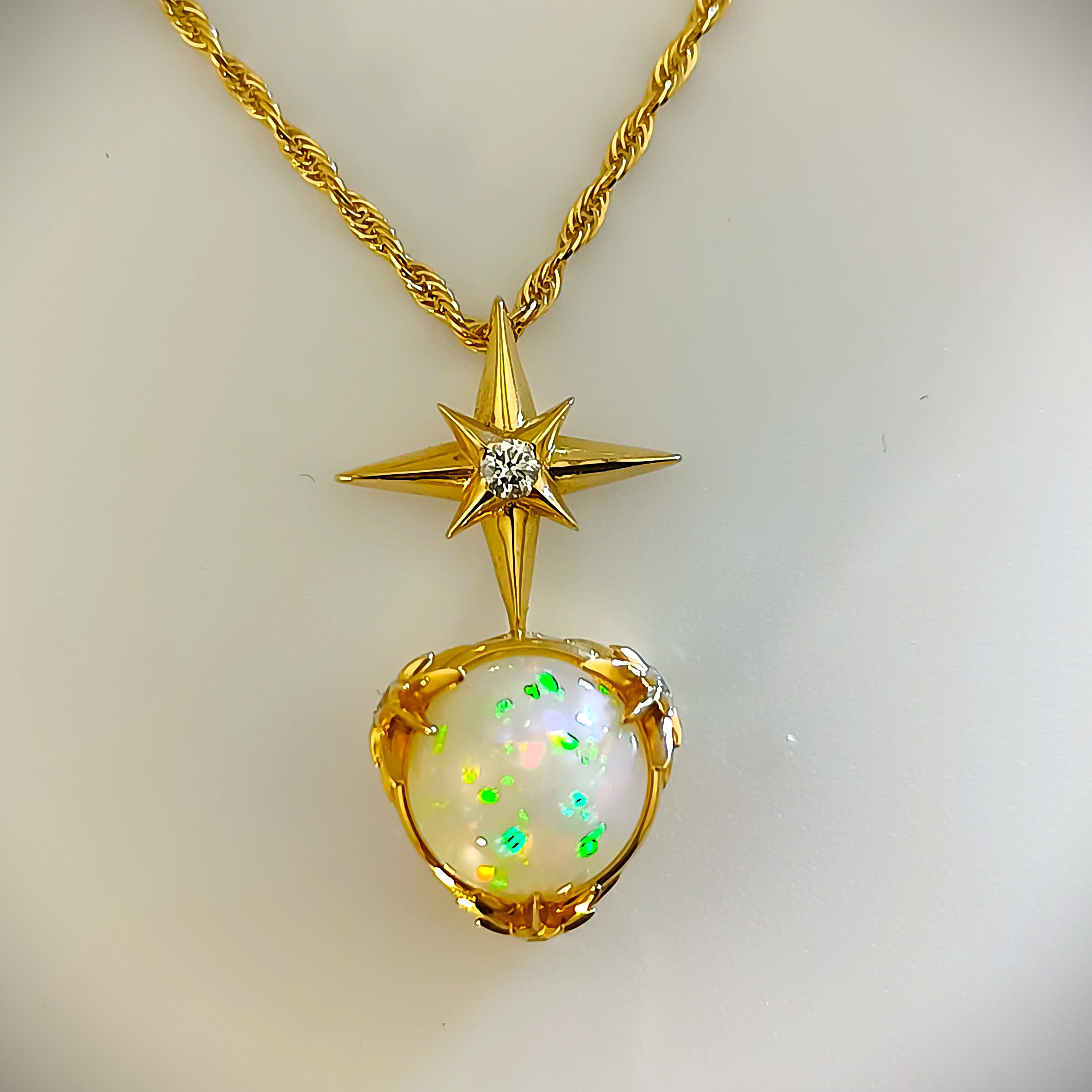 Aurora Starfire – White Fire Opal & Diamond Pendant in Solid 14K Gold
